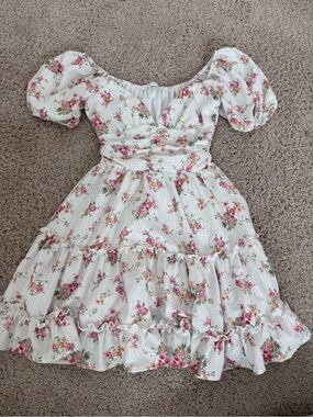 Altar'd State White Floral Puff-Sleeve Dress with Pink Bouquet Print